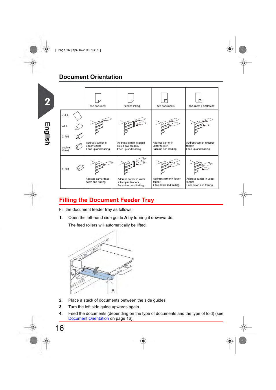 Document orientation, Filling the document feeder tray, English | Formax 6204 Series User Manual | Page 21 / 90