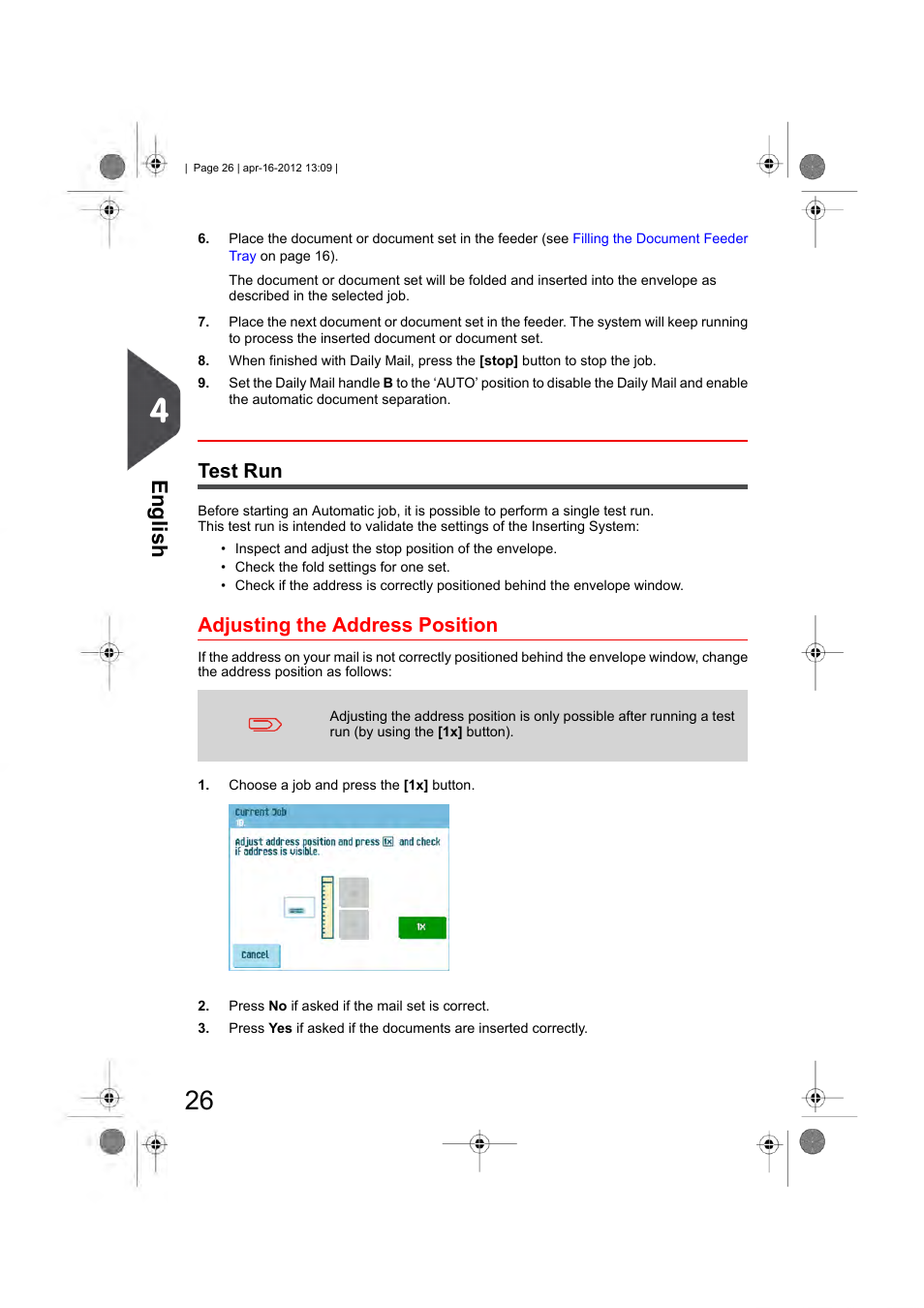 Test run, Adjusting the address position, English | Formax 6204 Series User Manual | Page 31 / 90