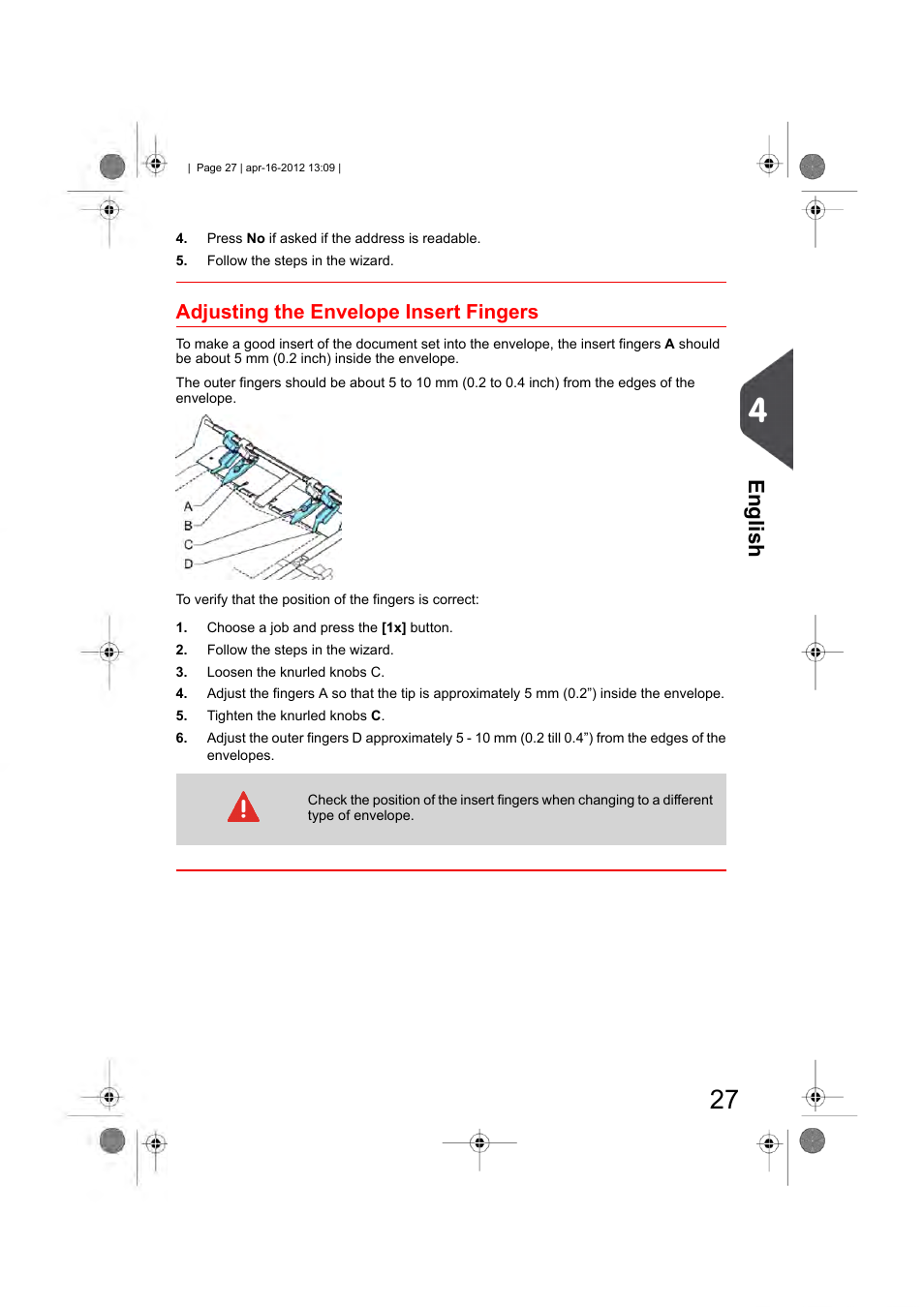 Adjusting the envelope insert fingers, English | Formax 6204 Series User Manual | Page 32 / 90