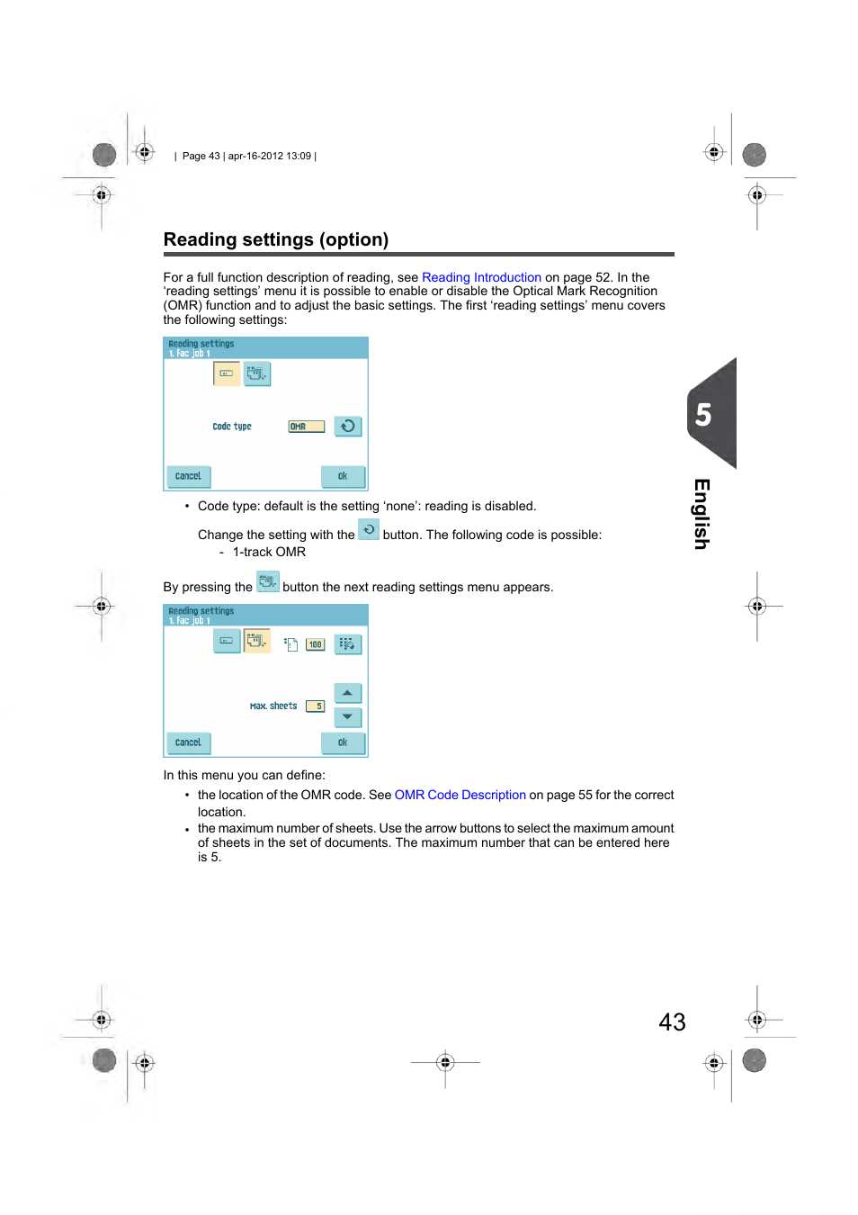 Reading settings (option), Reading settings, English | Formax 6204 Series User Manual | Page 48 / 90