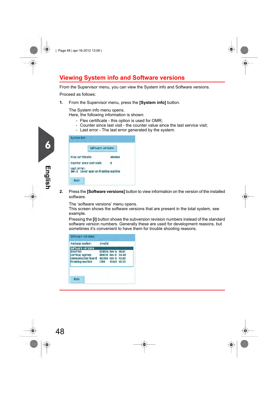 Viewing system info and software versions, English | Formax 6204 Series User Manual | Page 53 / 90