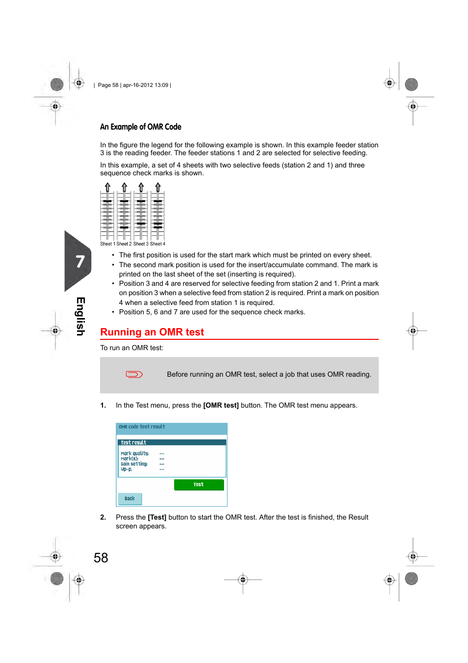 Running an omr test, English | Formax 6204 Series User Manual | Page 63 / 90