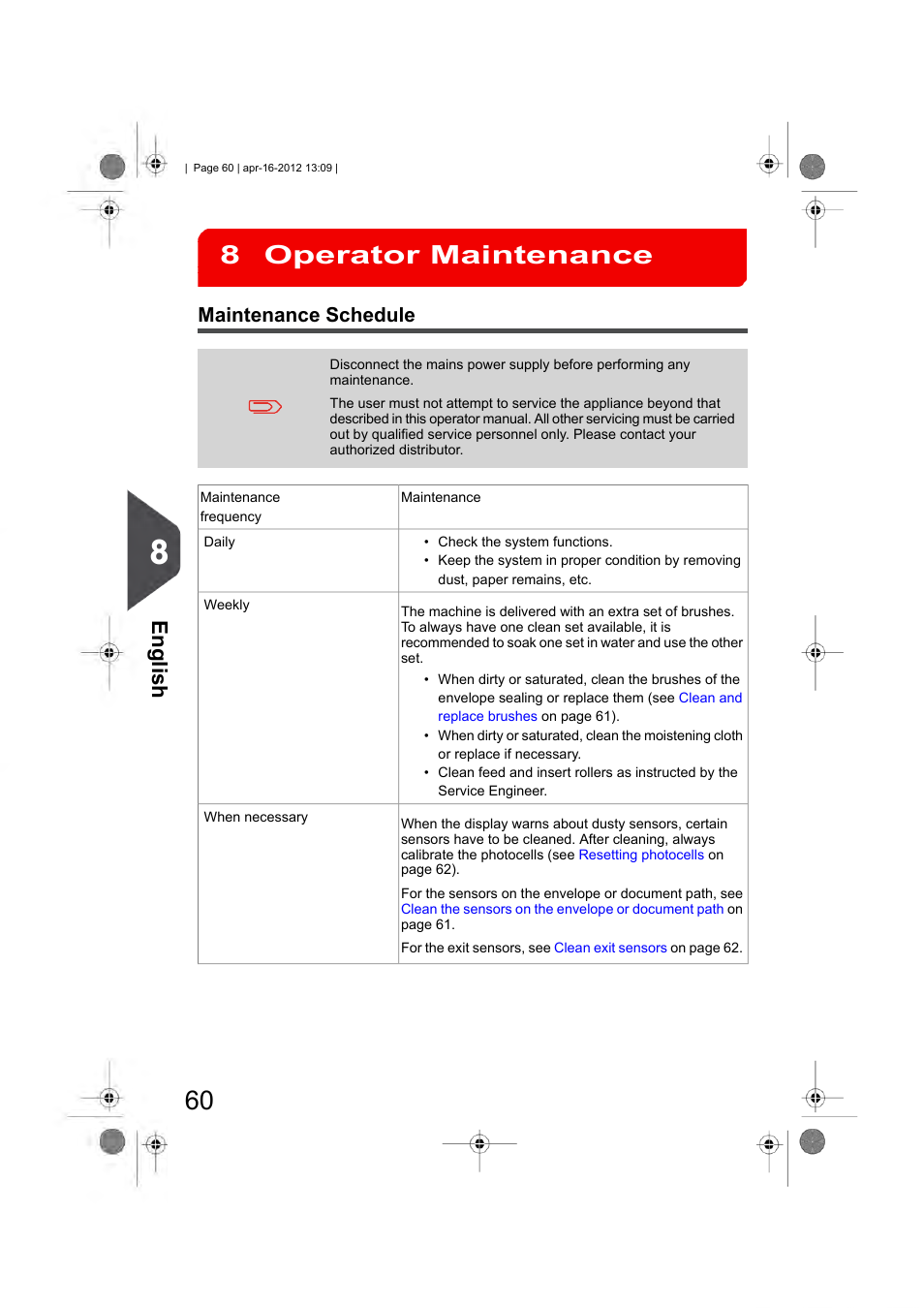 Operator maintenance, Maintenance schedule, Operator maintenance 8 | English | Formax 6204 Series User Manual | Page 65 / 90