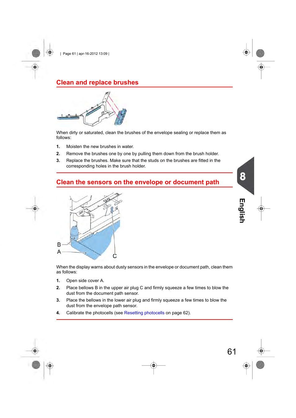 Clean and replace brushes, Clean the sensors on the envelope or document path, Clean and | Replace brushes, English | Formax 6204 Series User Manual | Page 66 / 90