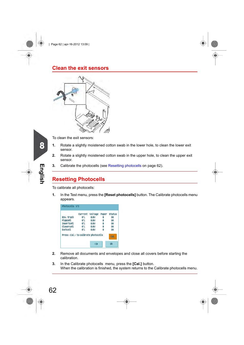 Clean the exit sensors, Resetting photocells, Clean exit sensors | English | Formax 6204 Series User Manual | Page 67 / 90