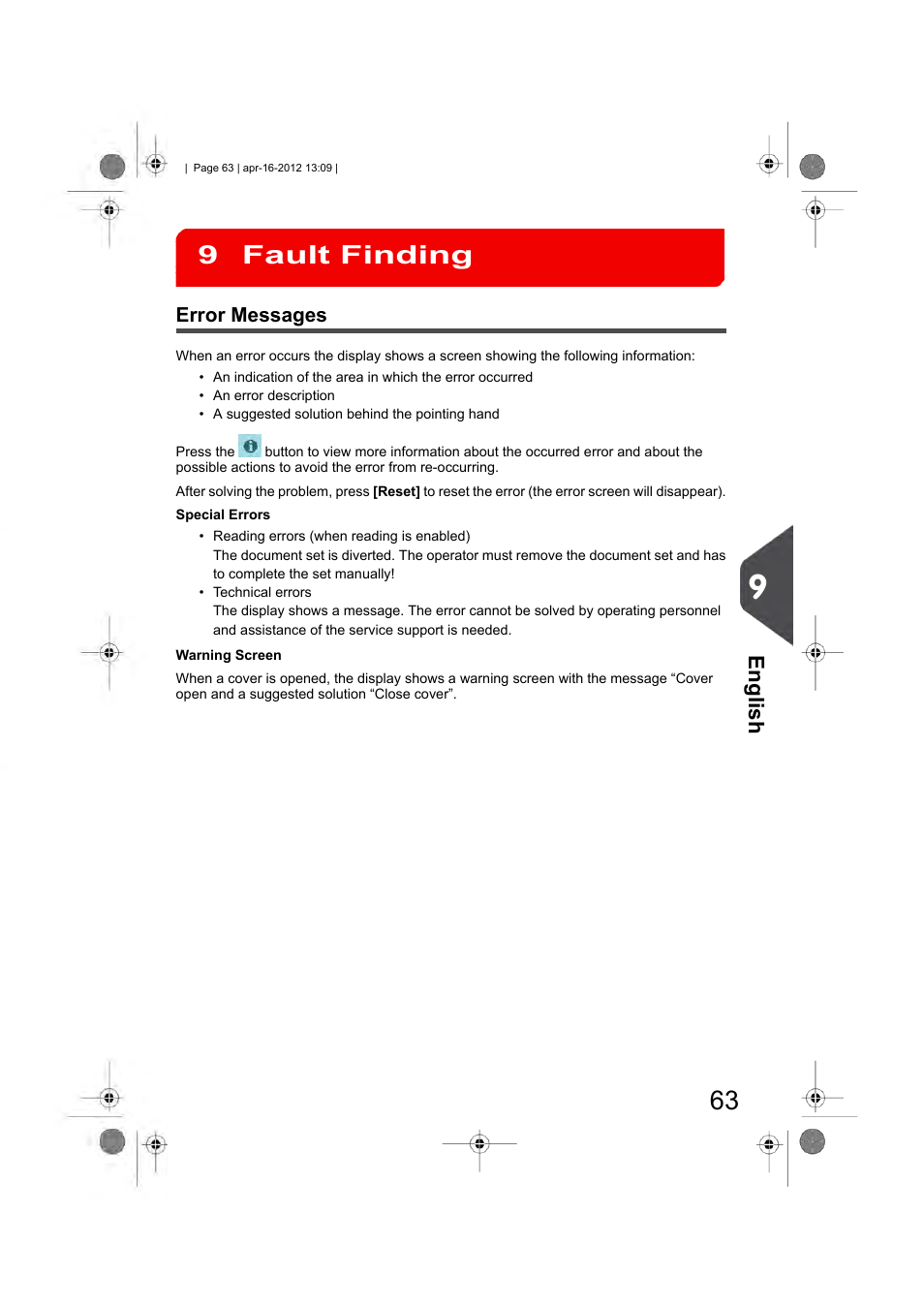 Fault finding, Error messages, Fault finding 9 | English | Formax 6204 Series User Manual | Page 68 / 90