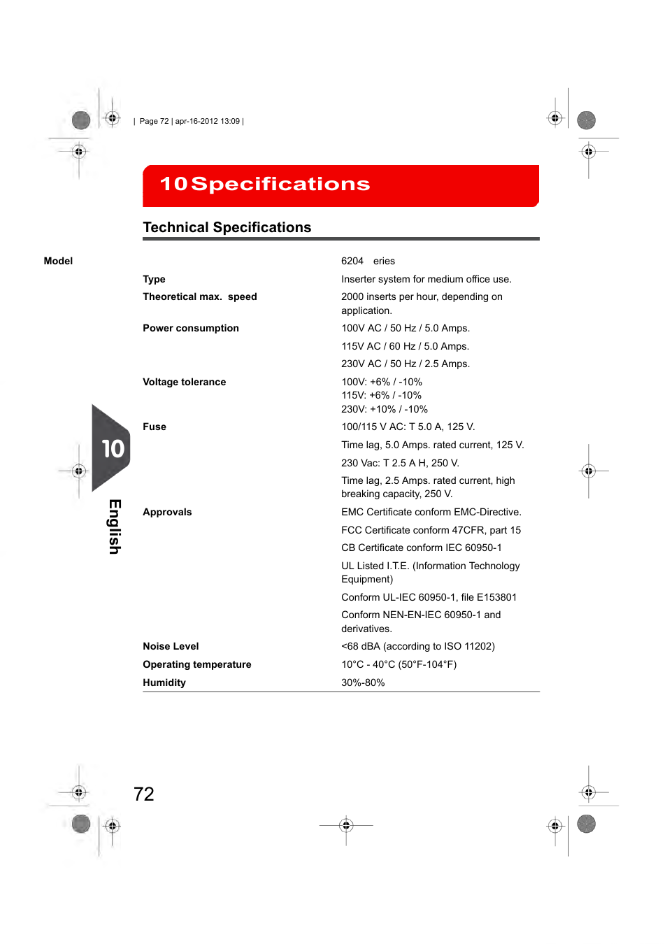 Specifications, Technical specifications, Specifications 10 | English | Formax 6204 Series User Manual | Page 77 / 90