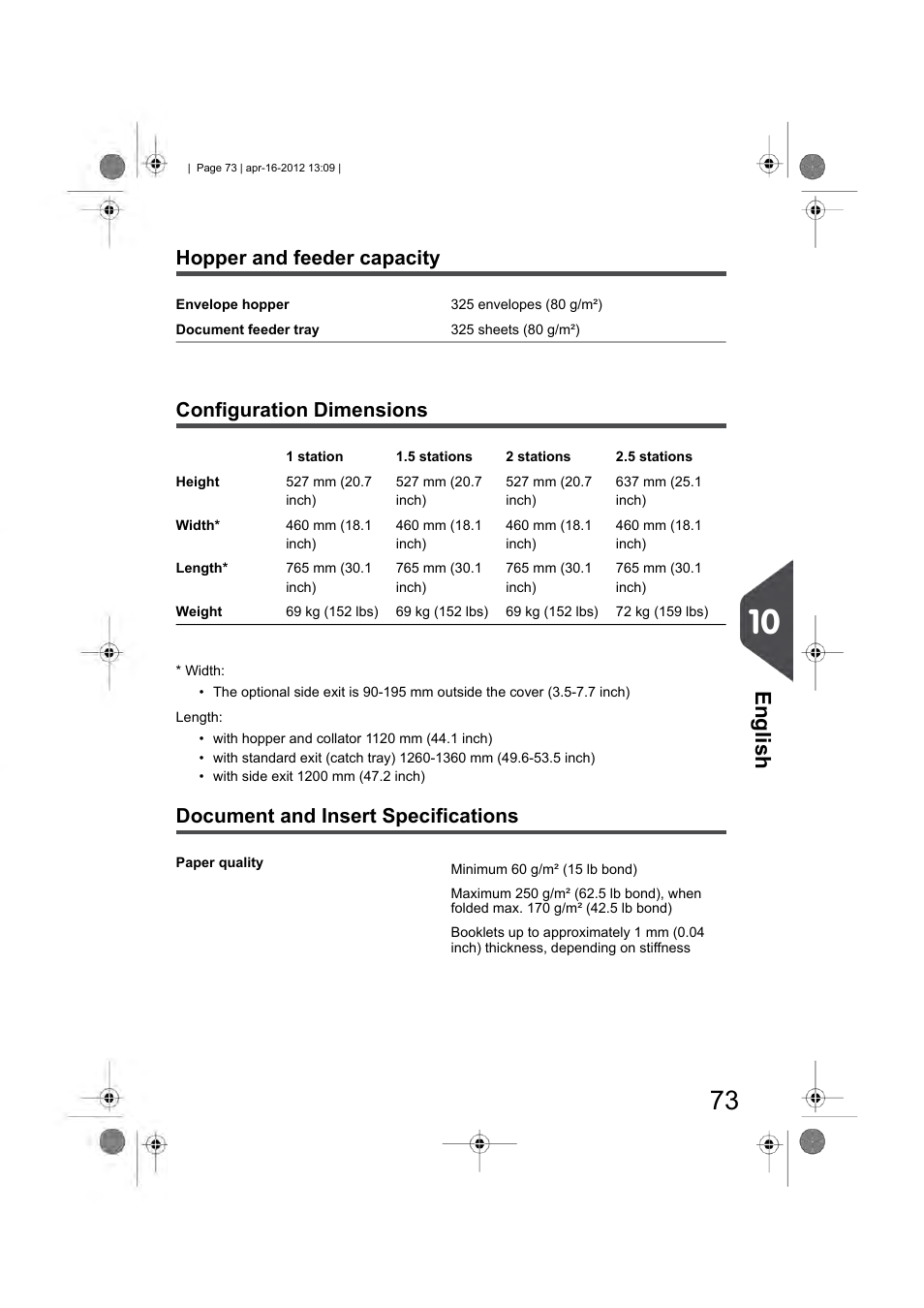 Hopper and feeder capacity, Configuration dimensions, Document and insert specifications | English | Formax 6204 Series User Manual | Page 78 / 90