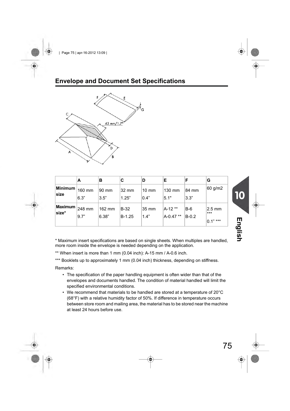 Envelope and document set specifications, English | Formax 6204 Series User Manual | Page 80 / 90
