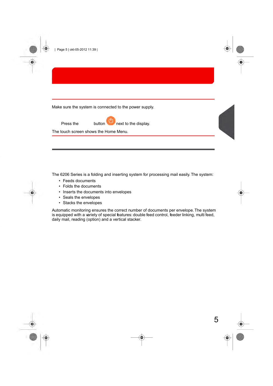 Meet your document system, Power up, Overview | Meet your document system 2, English | Formax 6206 Series User Manual | Page 10 / 85