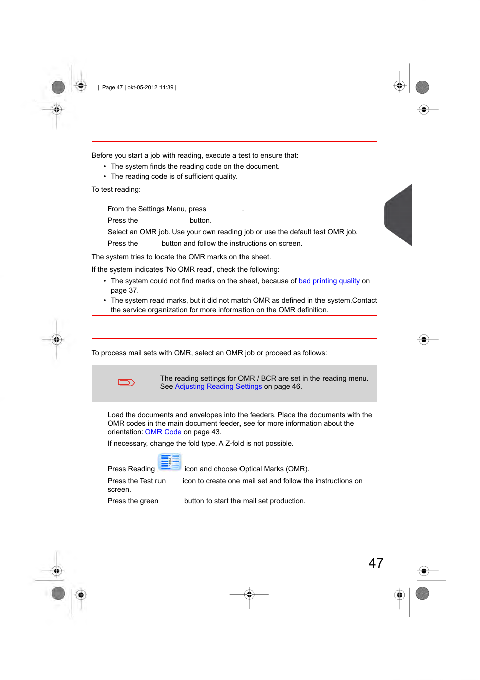 Test reading with omr, Process mail sets with omr, English | Formax 6206 Series User Manual | Page 52 / 85