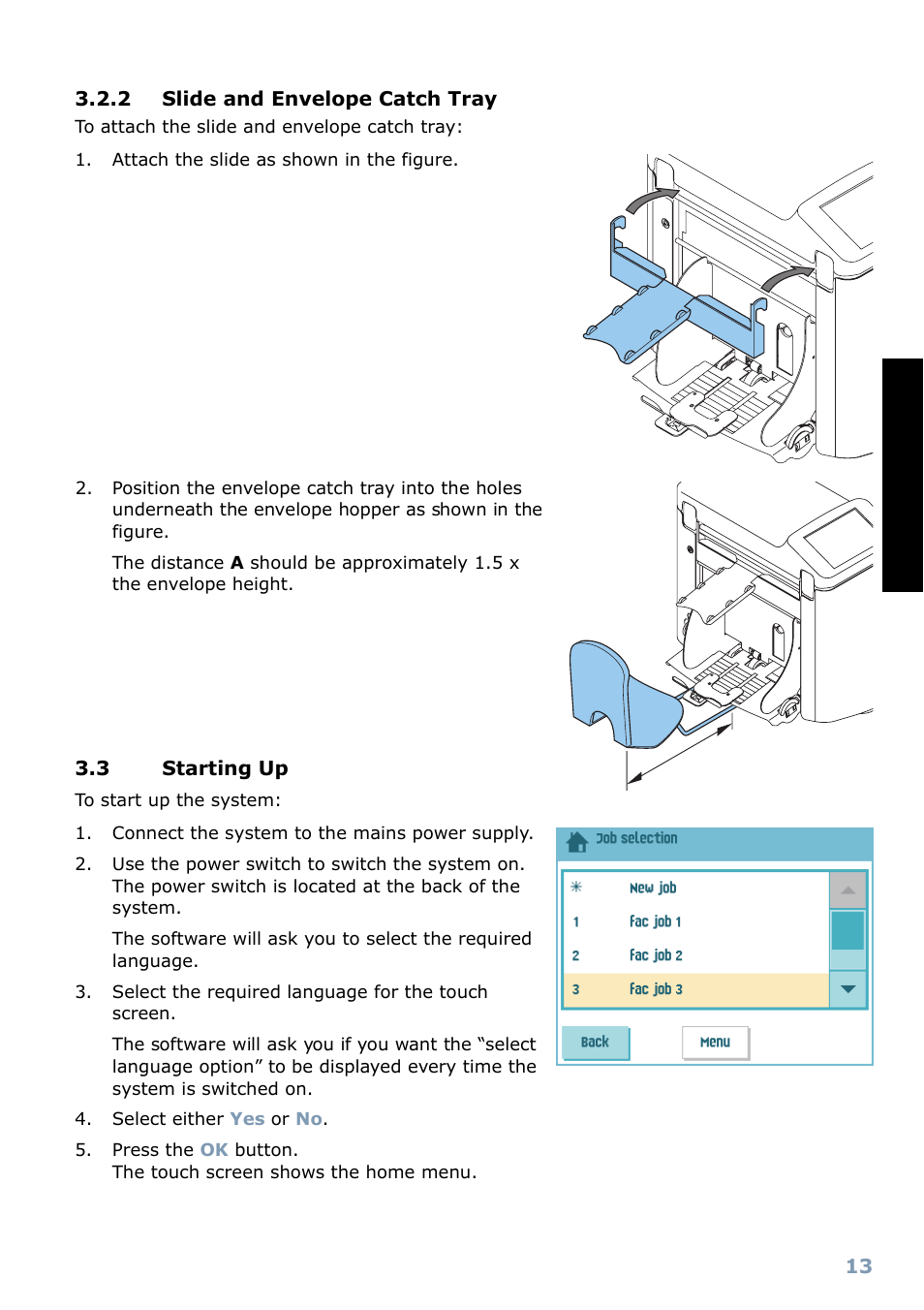 2 slide and envelope catch tray, 3 starting up, Loading envelopes | Englis h | Formax 6304 Series User Manual | Page 15 / 64