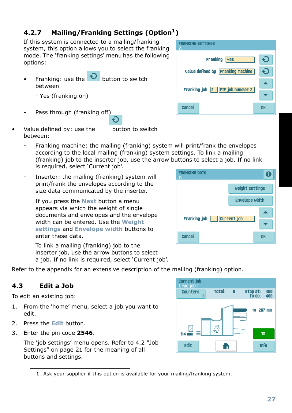 7 mailing/franking settings (option), 3 edit a job, Delete a job | Englis h | Formax 6304 Series User Manual | Page 29 / 64