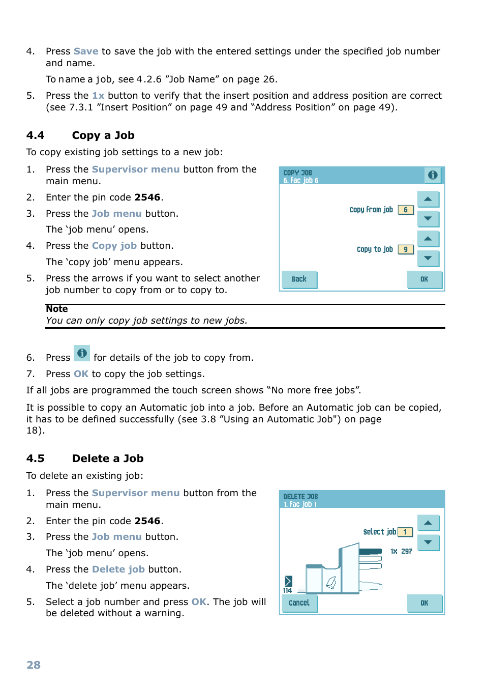 4 copy a job, 5 delete a job, Options 5.1 | Activate an option | Formax 6304 Series User Manual | Page 30 / 64