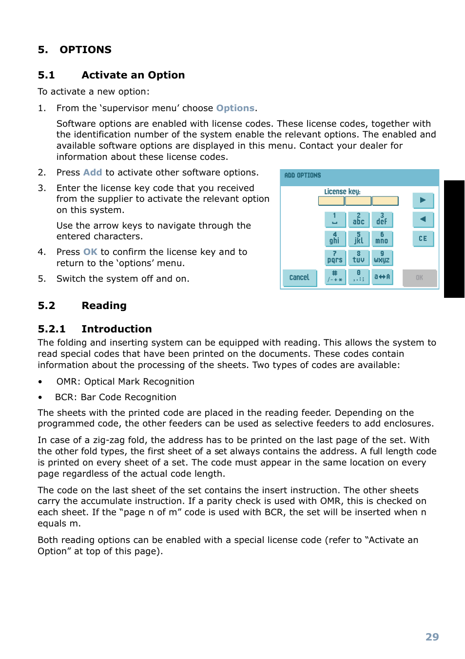 Options, 1 activate an option, 2 reading | 1 introduction, Reading, Online services, 4 production feeder (mf-2), Englis h | Formax 6304 Series User Manual | Page 31 / 64