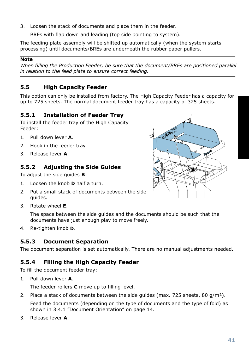 5 high capacity feeder, 1 installation of feeder tray, 2 adjusting the side guides | 3 document separation, 4 filling the high capacity feeder, Side exit, Englis h | Formax 6304 Series User Manual | Page 43 / 64