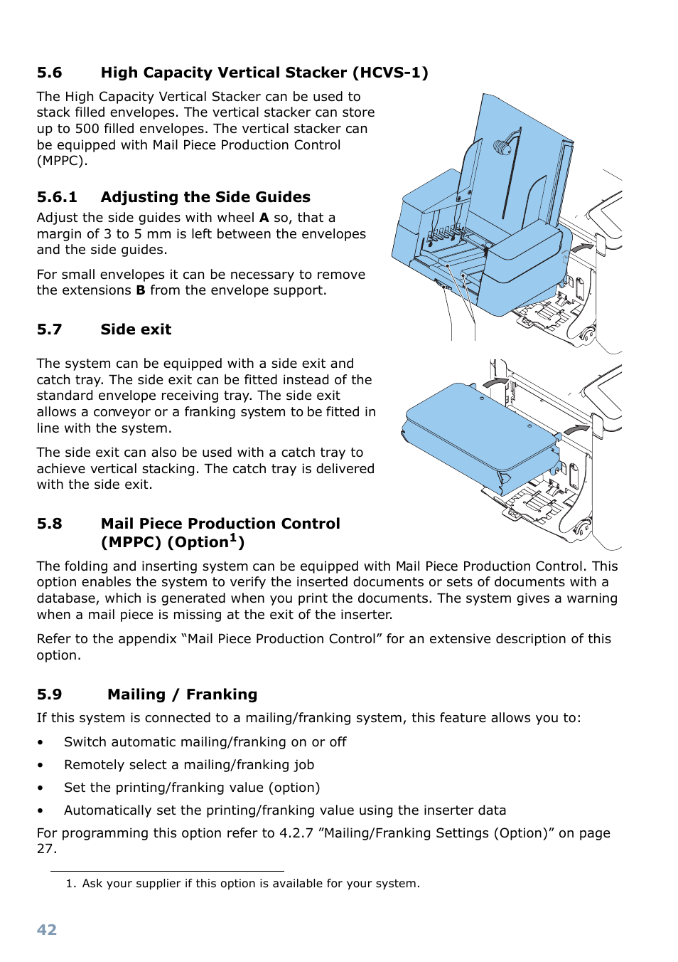 6 high capacity vertical stacker (hcvs-1), 1 adjusting the side guides, 7 side exit | 8 mail piece production control (mppc) (option), 9 insert’n frank™ (insert’n mail), Mail piece production control (mppc) (option), 9 mailing/franking, Operator maintenance, Fault finding | Formax 6304 Series User Manual | Page 44 / 64