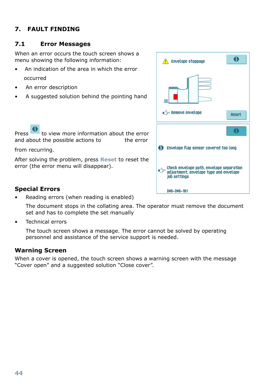 Fault finding, 1 error messages, Operator troubleshooting | Formax 6304 Series User Manual | Page 46 / 64