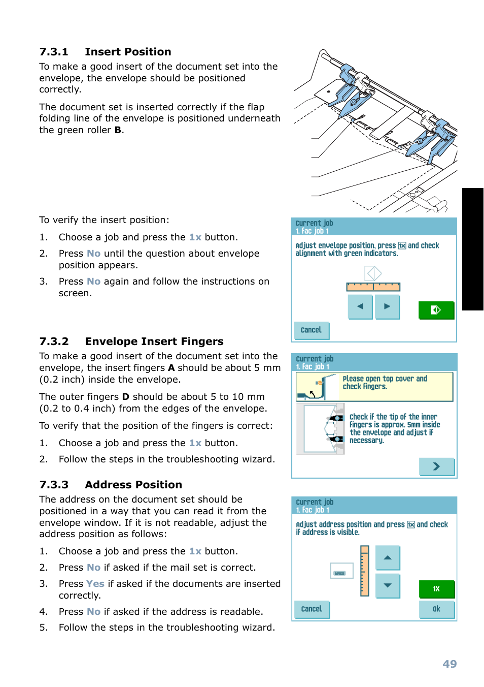 1 insert position, 2 envelope insert fingers, 3 address position | Insert position” on, Englis h, Ab c d | Formax 6304 Series User Manual | Page 51 / 64