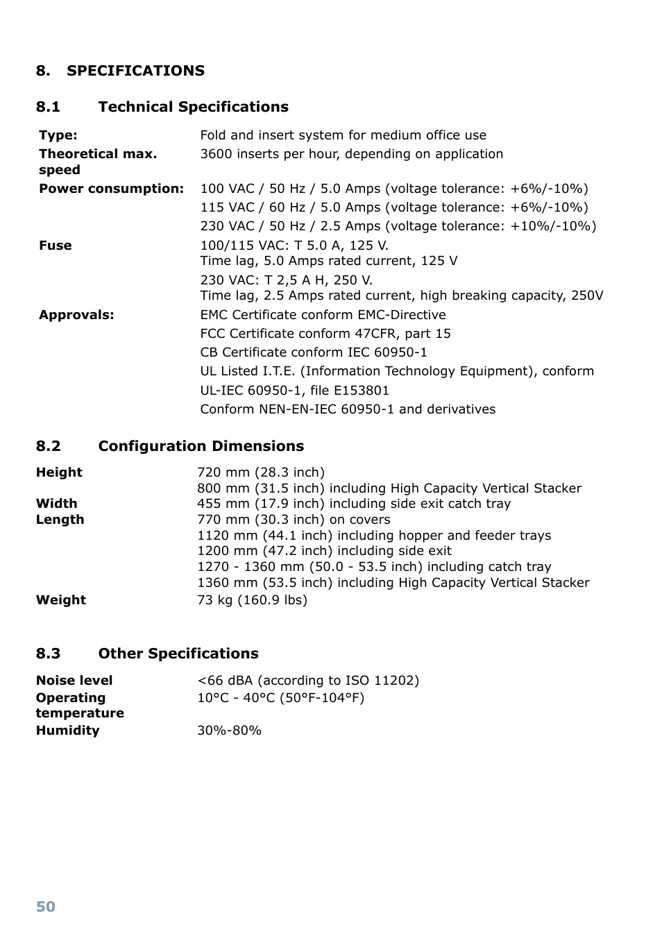 Specifications, 1 technical specifications, 2 configuration dimensions | 3 other specifications, Configuration dimensions, Other specifications, Document specifications, Envelope and insert specifications | Formax 6304 Series User Manual | Page 52 / 64