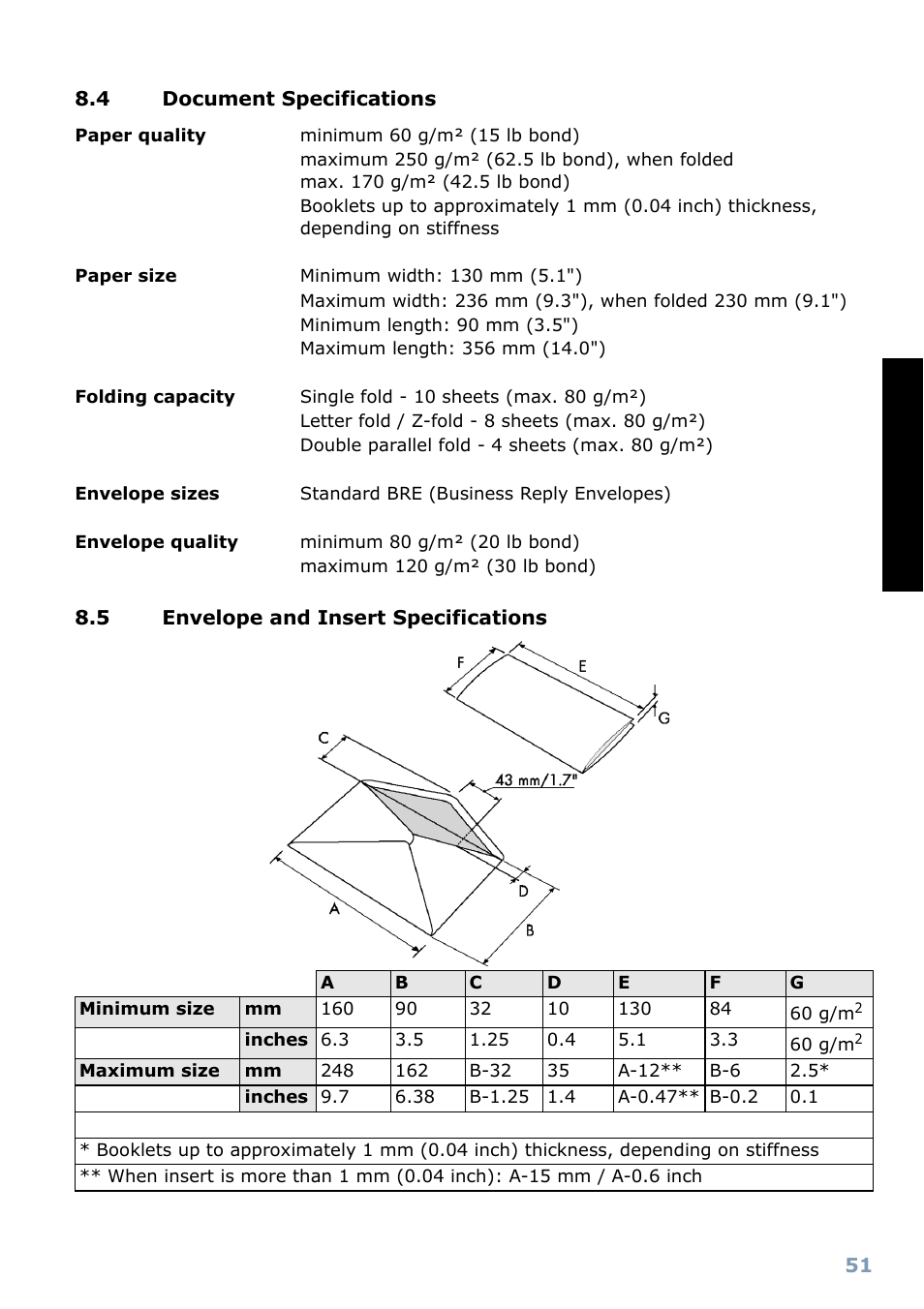 4 document specifications, 5 envelope and insert specifications, Specifications high capacity vertical stacker | Specifications production feeder, Englis h | Formax 6304 Series User Manual | Page 53 / 64