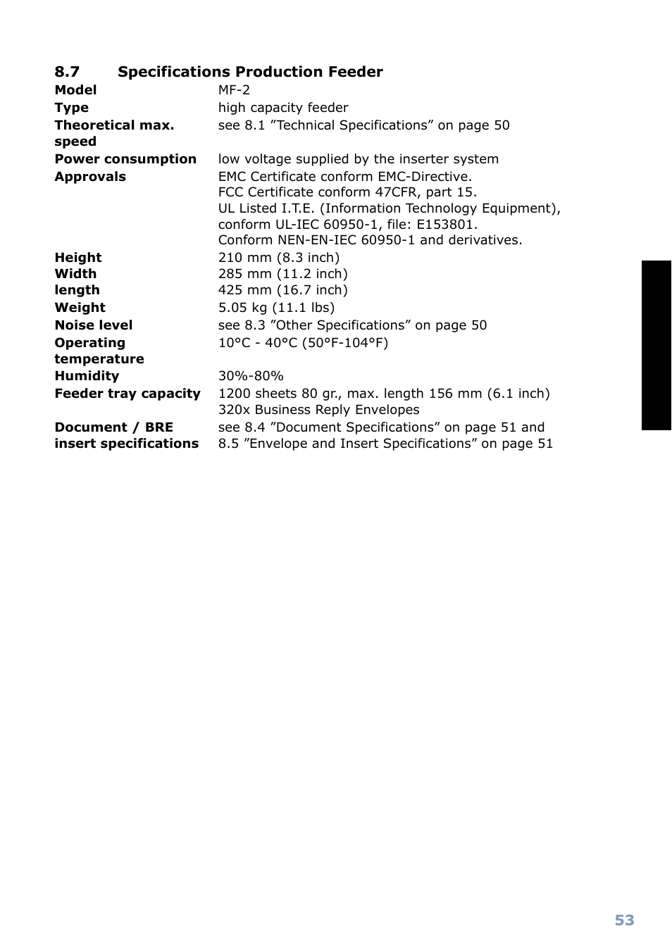 7 specifications maxifeeder, Index, Englis h | Formax 6304 Series User Manual | Page 55 / 64