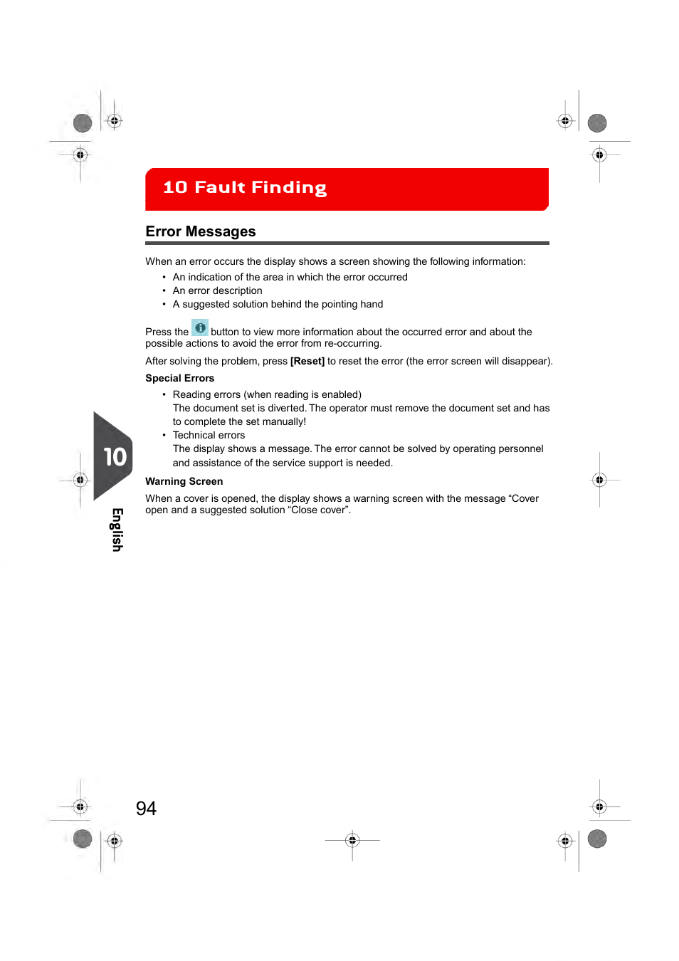 Fault finding, Error messages, 10 fault finding | Fault finding 10, En glish | Formax 6404 Series User Manual | Page 101 / 122