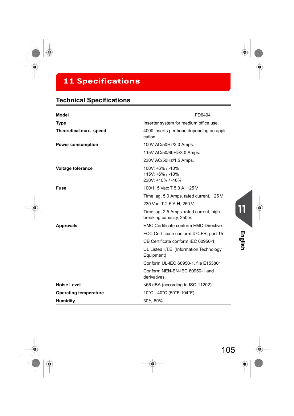 Specifications, Technical specifications, 11 specifications | Specifications 11, En glish | Formax 6404 Series User Manual | Page 112 / 122