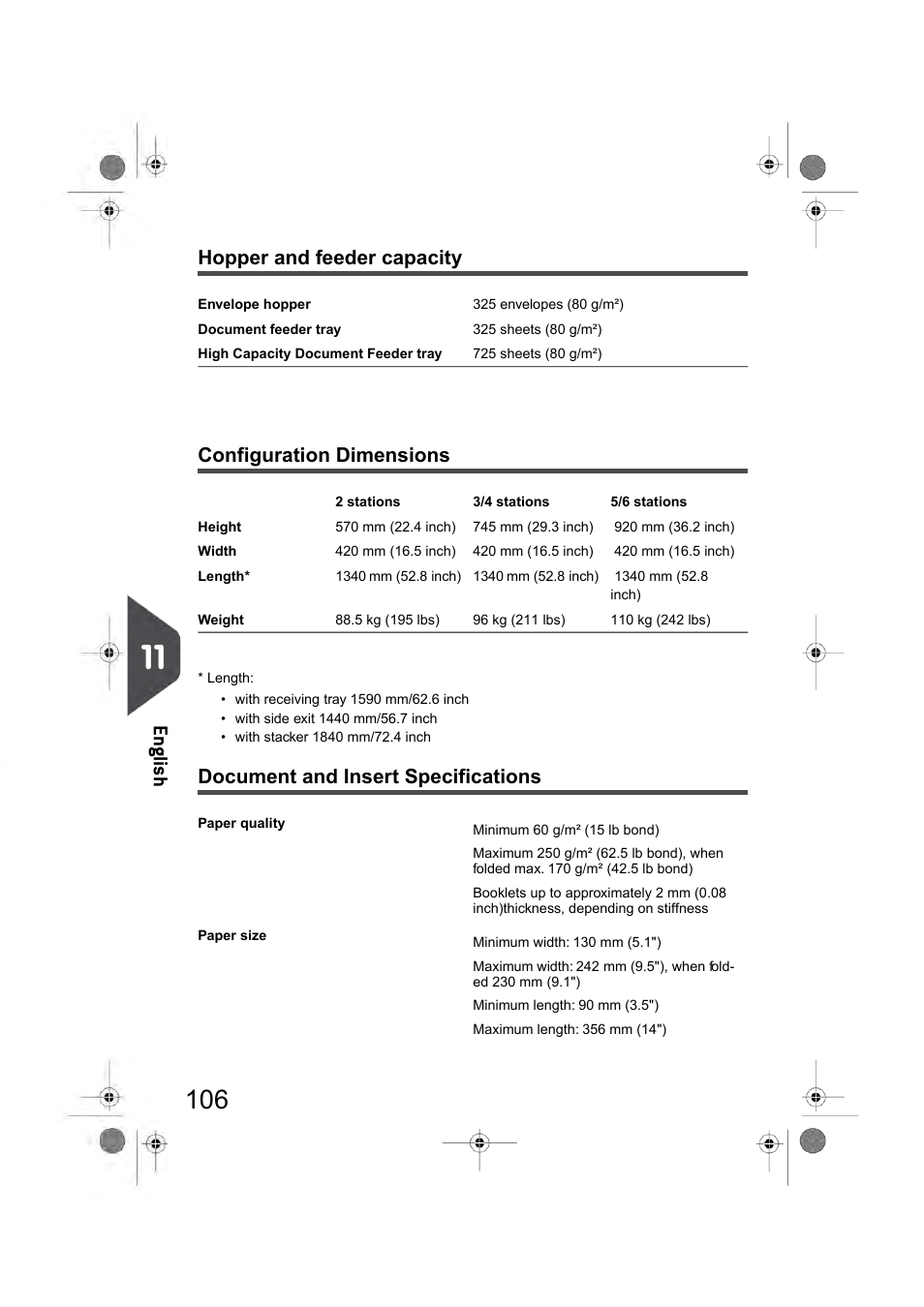 Hopper and feeder capacity, Configuration dimensions, Document and insert specifications | En glish | Formax 6404 Series User Manual | Page 113 / 122
