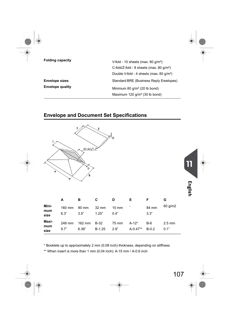 Envelope and document set specifications, En glish | Formax 6404 Series User Manual | Page 114 / 122