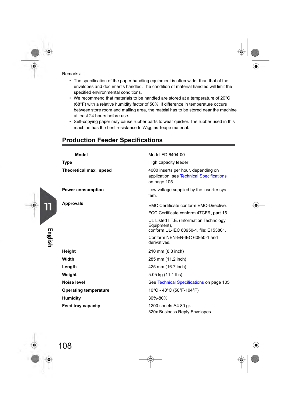 Maxifeeder specifications, En glish, Production feeder specifications | Formax 6404 Series User Manual | Page 115 / 122