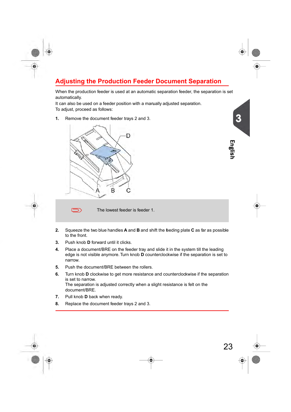 Adjusting the maxifeeder document separation, En glish | Formax 6404 Series User Manual | Page 30 / 122