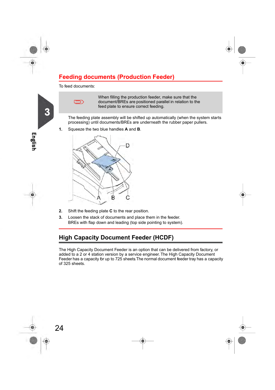 Feeding documents (maxifeeder), High capacity document feeder (hcdf), En glish | Feeding documents (production feeder) | Formax 6404 Series User Manual | Page 31 / 122