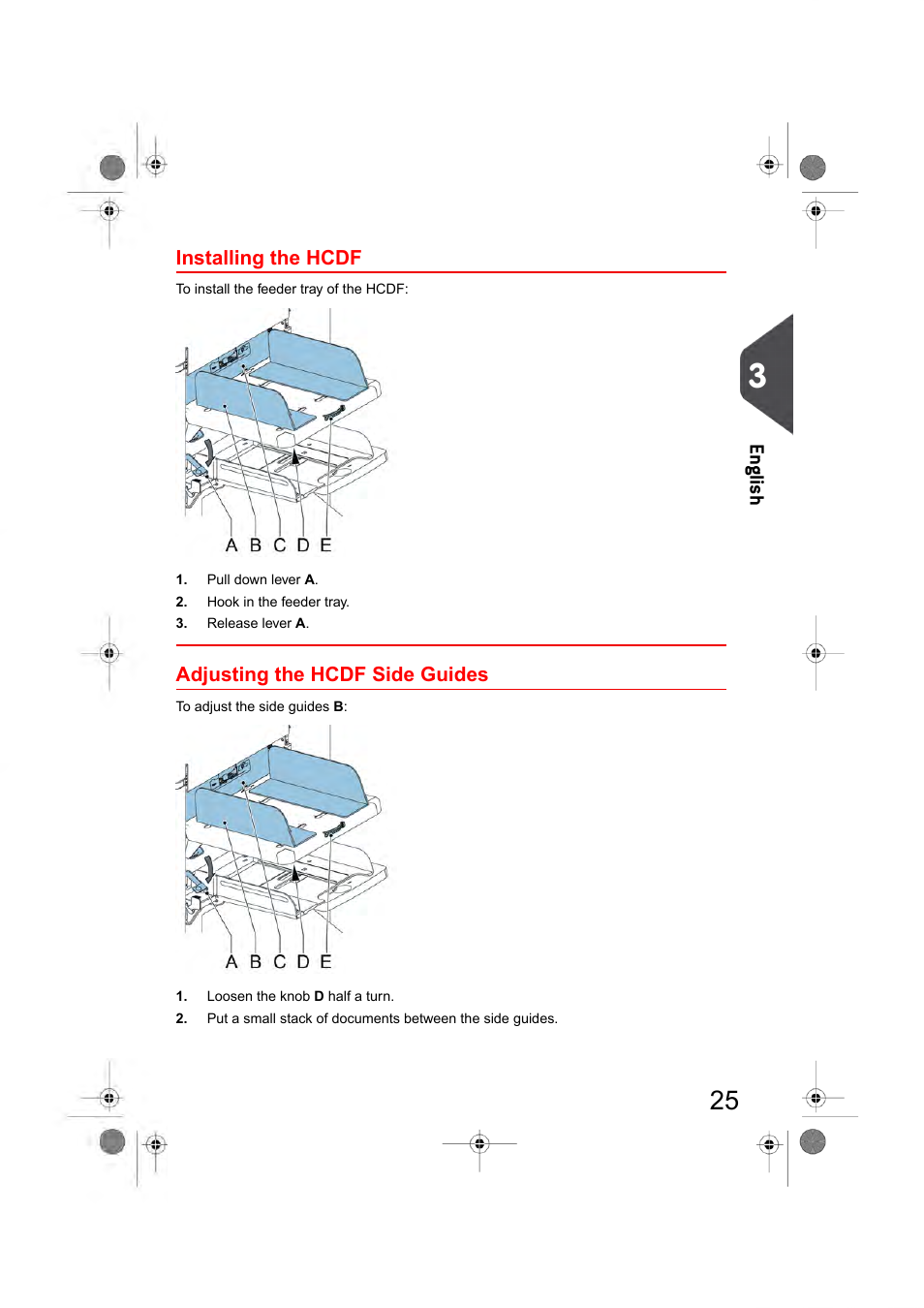 Installing the hcdf, Adjusting the hcdf side guides, En glish | Formax 6404 Series User Manual | Page 32 / 122