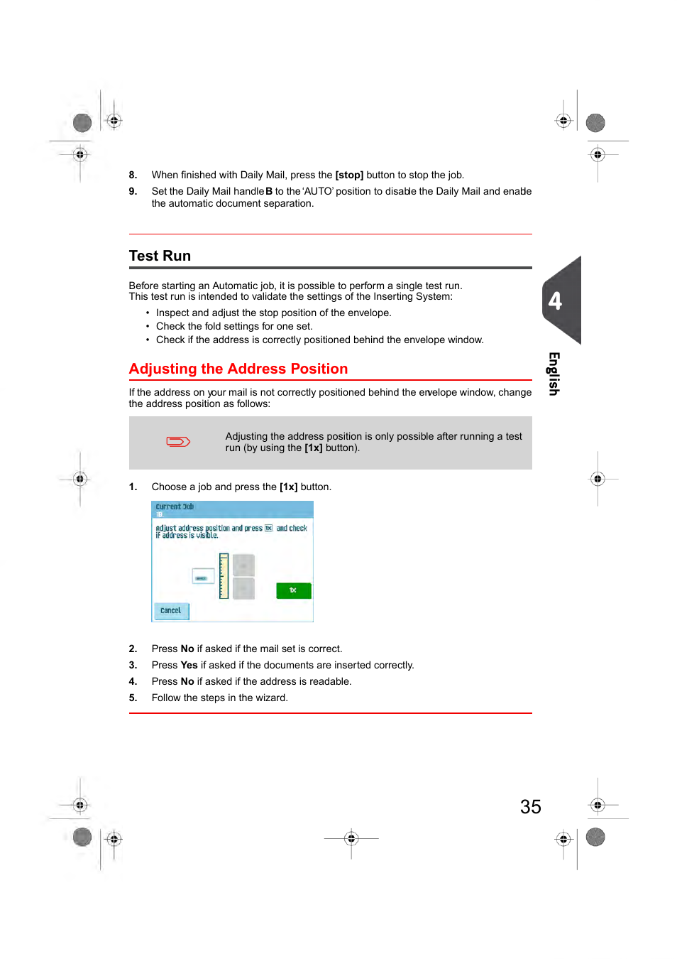 Test run, Adjusting the address position, En glish | Formax 6404 Series User Manual | Page 42 / 122