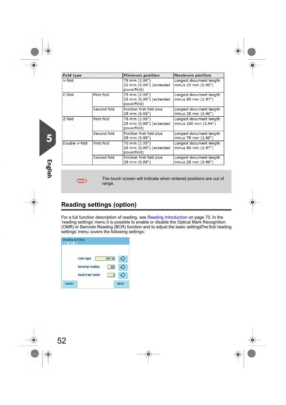 Reading settings (option), Reading settings (if installed, see, Reading settings | En glish | Formax 6404 Series User Manual | Page 59 / 122