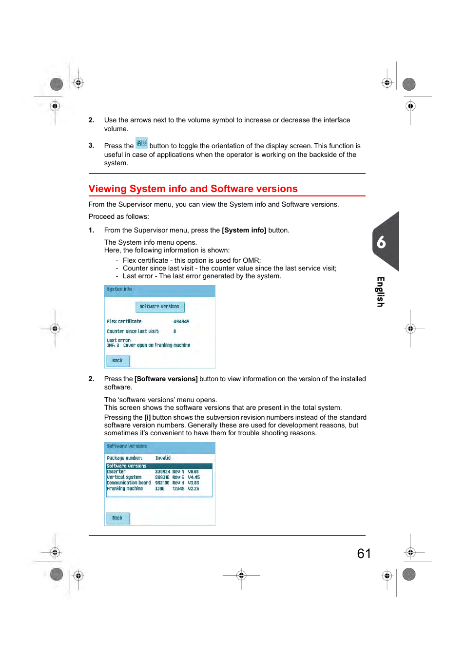 Viewing system info and software versions, En glish | Formax 6404 Series User Manual | Page 68 / 122