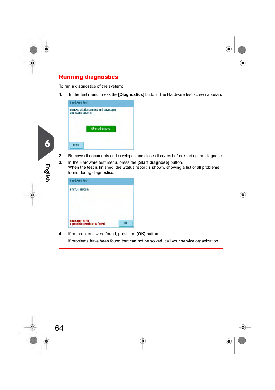 Running diagnostics, Running, Diagnostics | En glish | Formax 6404 Series User Manual | Page 71 / 122