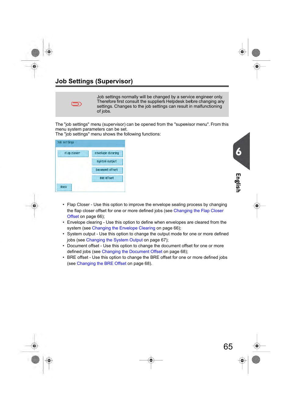 Job settings (supervisor), Job settings (see, Job settings | En glish | Formax 6404 Series User Manual | Page 72 / 122