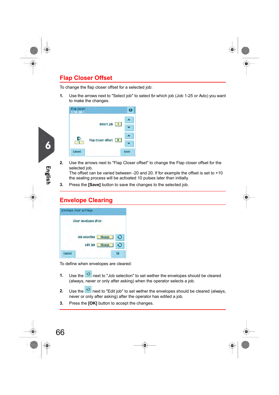 Flap closer offset, Envelope clearing, Changing the flap closer | Offset, System (see, Changing the envelope clearing, En glish | Formax 6404 Series User Manual | Page 73 / 122