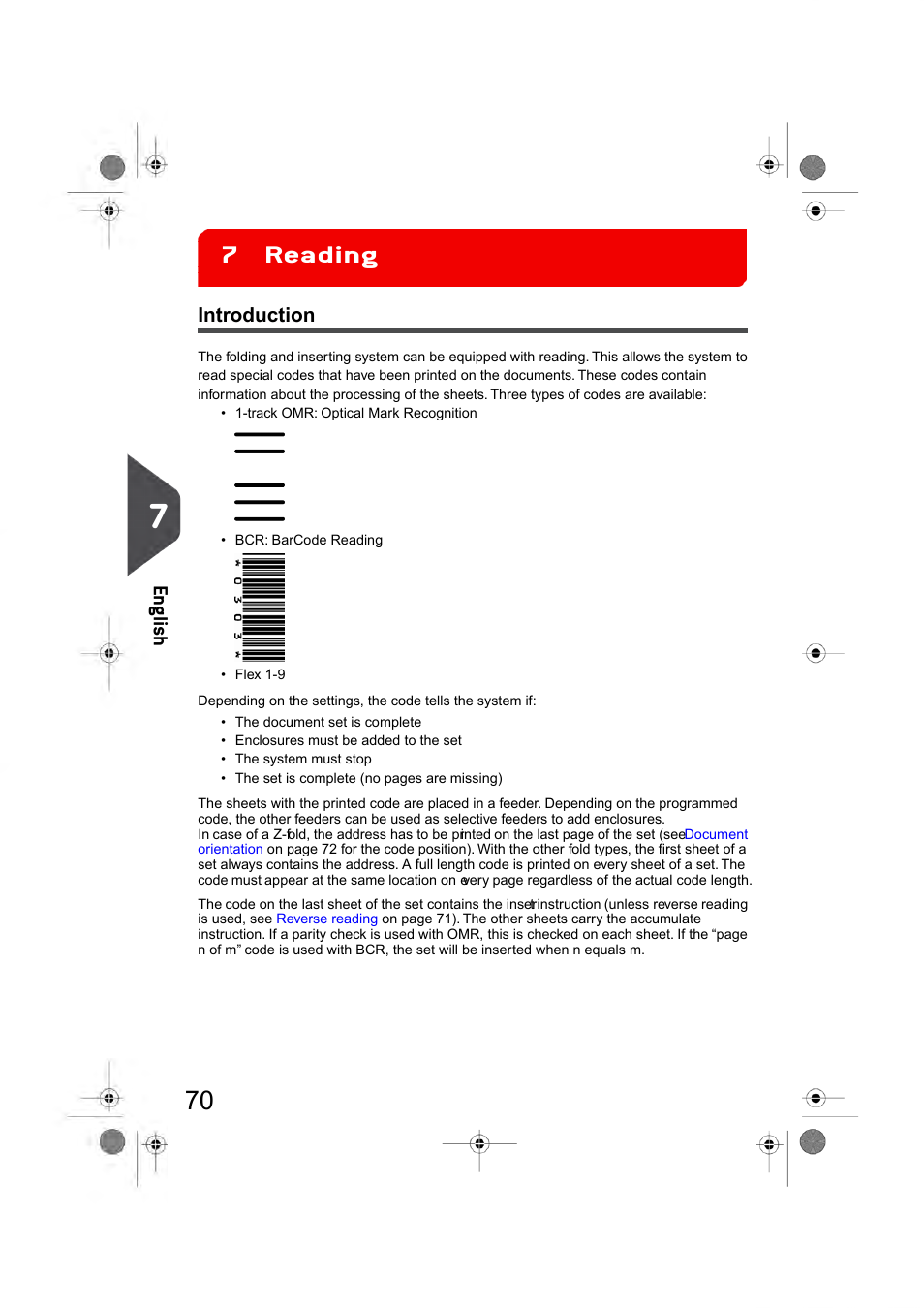 Reading, Introduction, Reading functionality (see | Reading introduction, Reading 7, En glish | Formax 6404 Series User Manual | Page 77 / 122