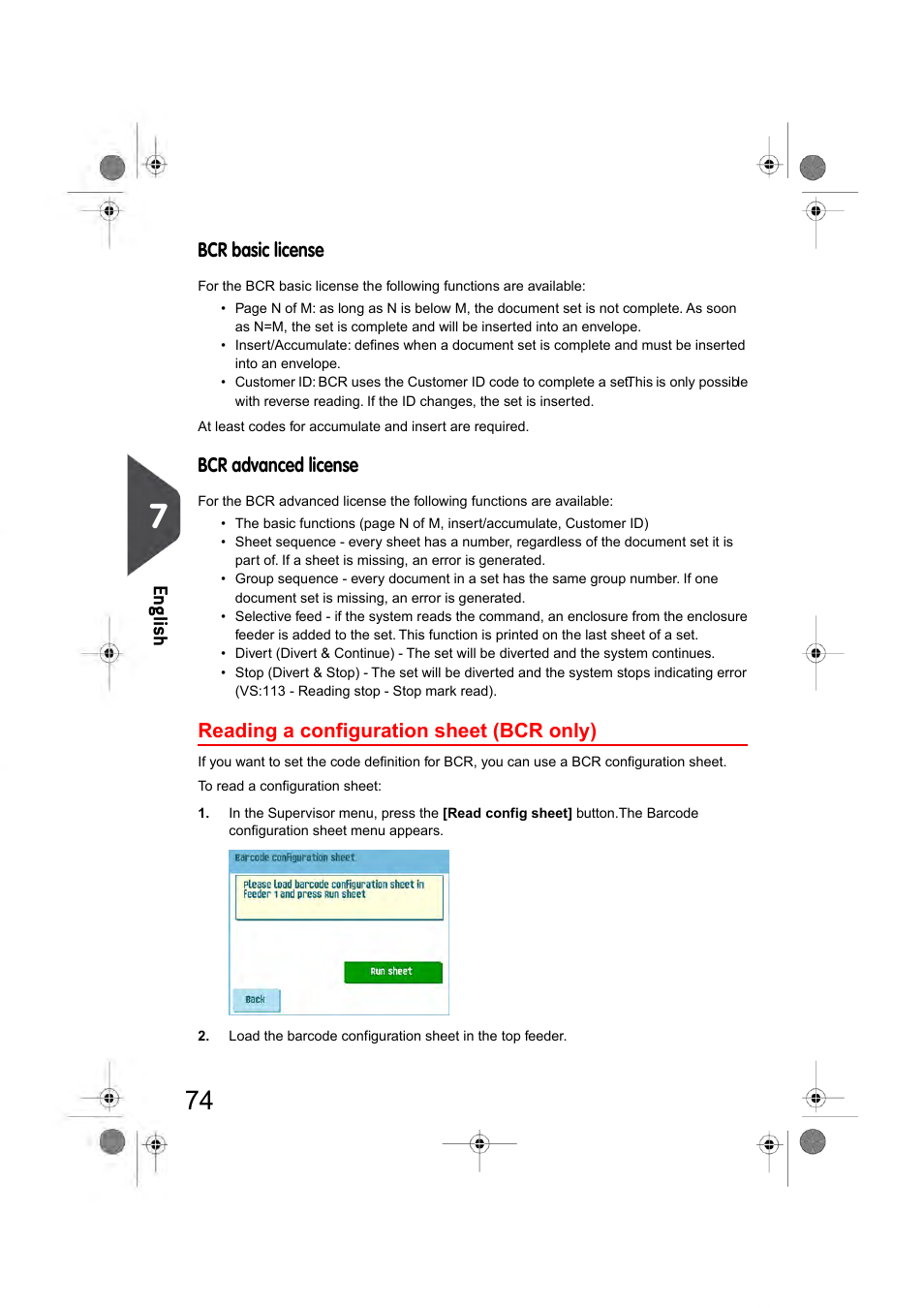 Reading a configuration sheet (bcr only), Read config sheet (see, Reading a configuration sheet | En glish, Bcr basic license, Bcr advanced license | Formax 6404 Series User Manual | Page 81 / 122