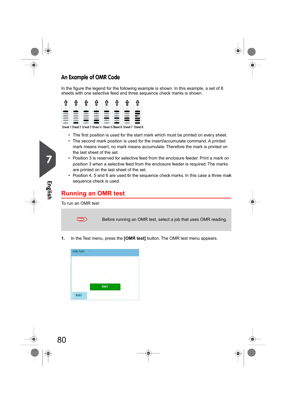 Running an omr test, En glish | Formax 6404 Series User Manual | Page 87 / 122