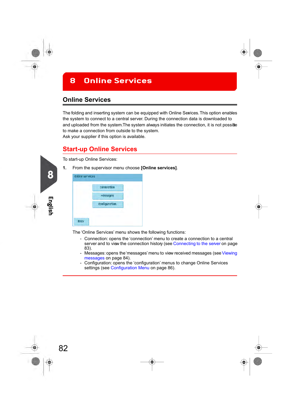 Online services, Start-up online services, Ols (see | Online services introduction, Online services 8, En glish | Formax 6404 Series User Manual | Page 89 / 122