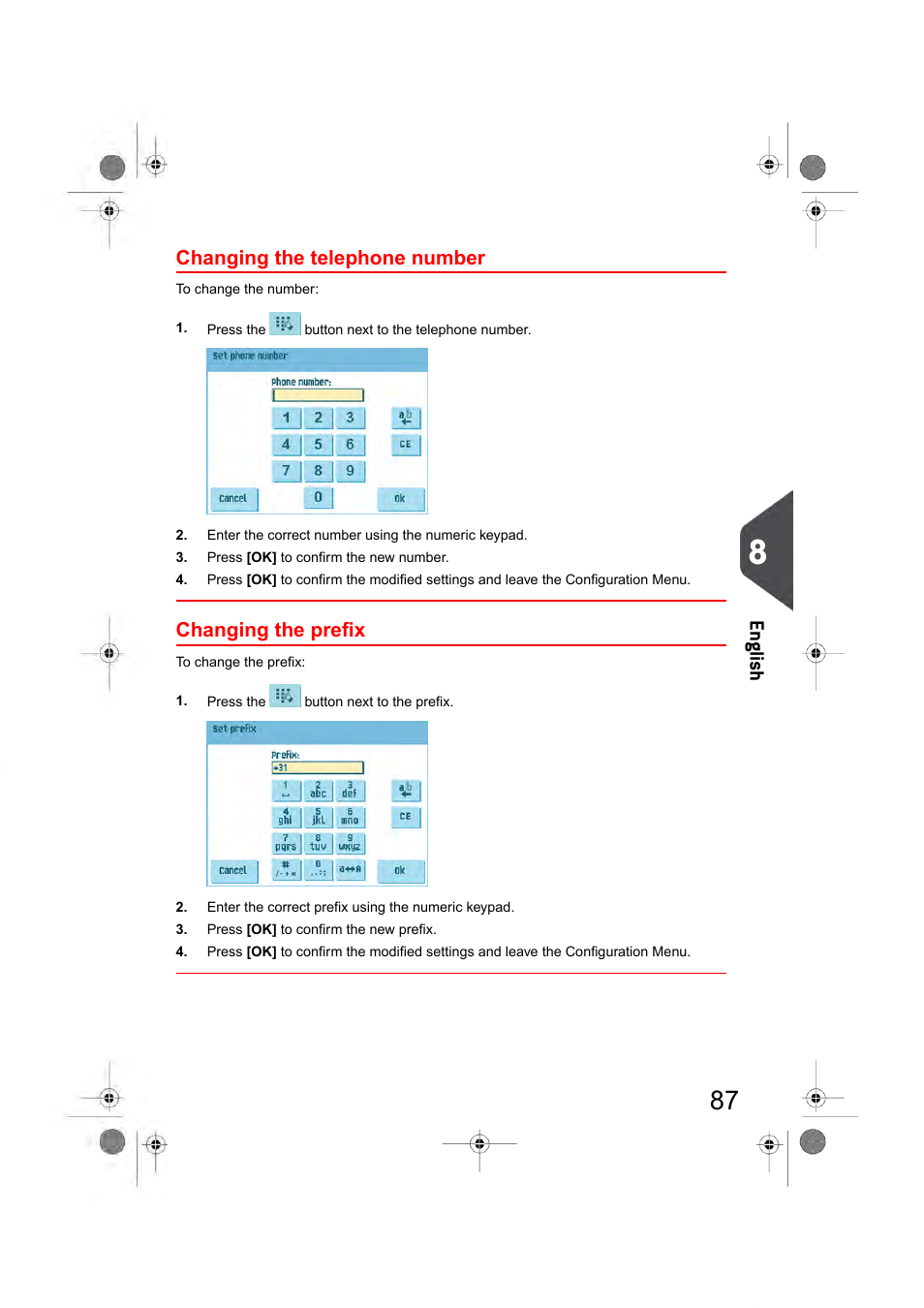 Changing the telephone number, Changing the prefix, En glish | Formax 6404 Series User Manual | Page 94 / 122