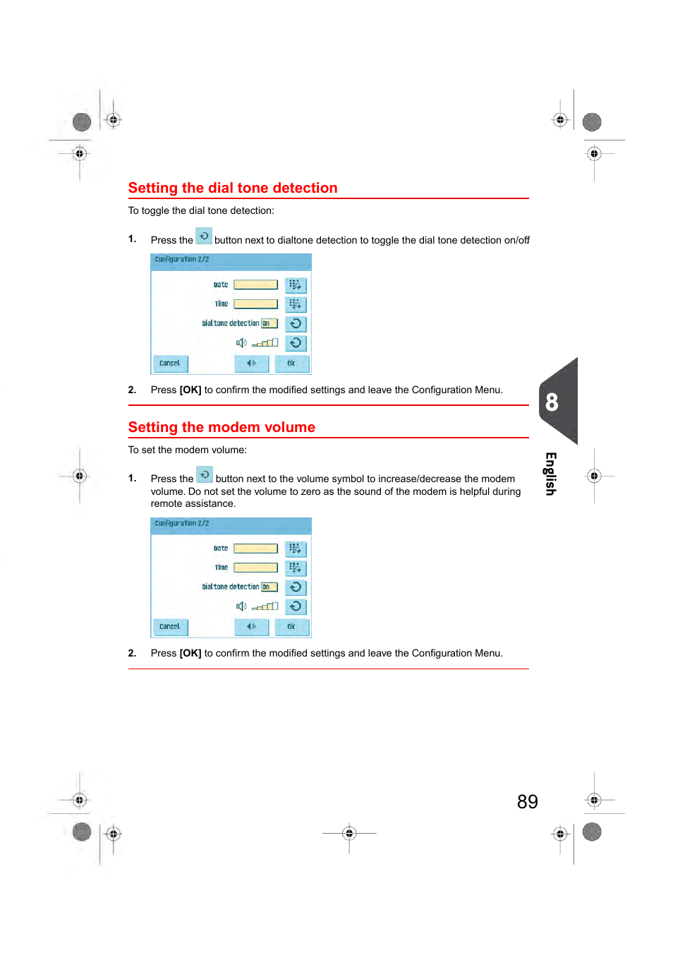 Setting the dial tone detection, Setting the modem volume, En glish | Formax 6404 Series User Manual | Page 96 / 122