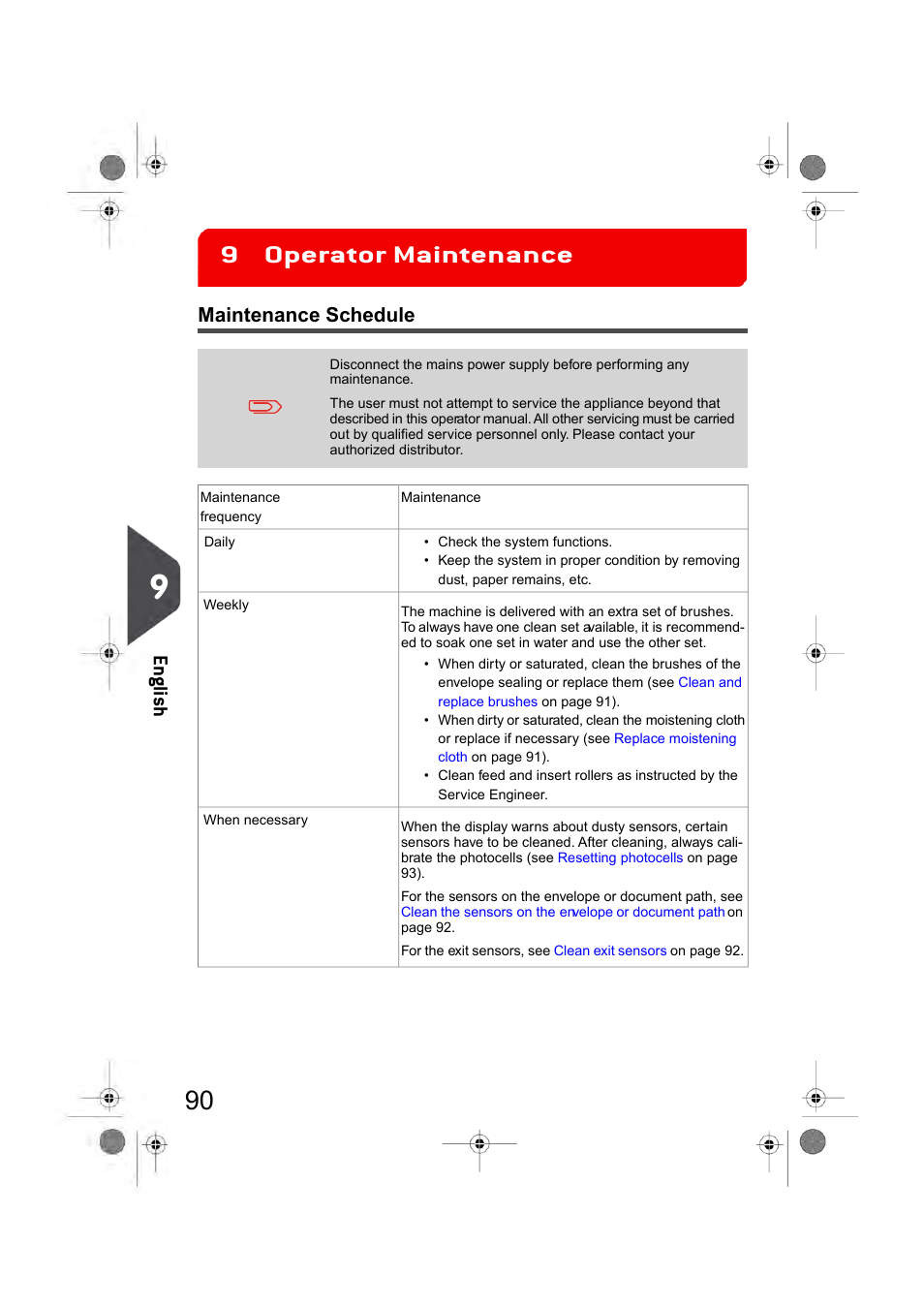 Operator maintenance, Maintenance schedule, Operator maintenance 9 | En glish | Formax 6404 Series User Manual | Page 97 / 122