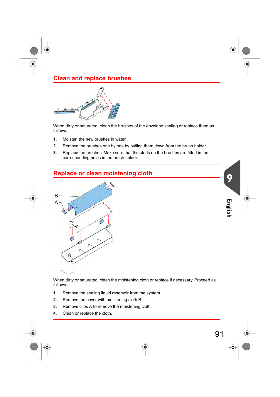 Clean and replace brushes, Replace or clean moistening cloth, Clean and | Replace brushes, Y (see, Replace moistening, Cloth, En glish | Formax 6404 Series User Manual | Page 98 / 122