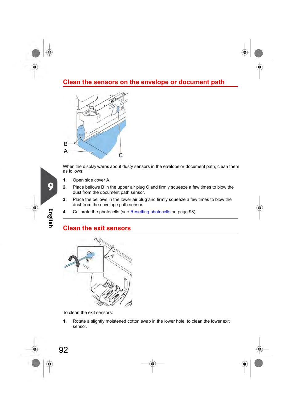 Clean the sensors on the envelope or document path, Clean the exit sensors, Clean exit sensors | En glish | Formax 6404 Series User Manual | Page 99 / 122