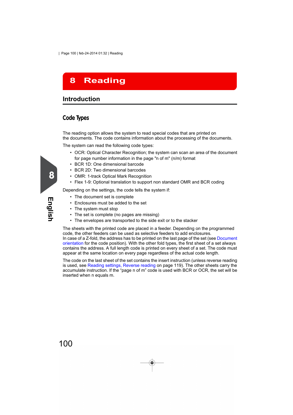 Reading, Introduction, Code types | Reading 8, English | Formax 6606 Series User Manual | Page 104 / 159